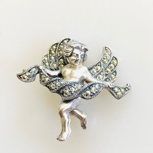 Judith Jack Sterling Silver Marcasite Cherub Brooch Marked 9.84g